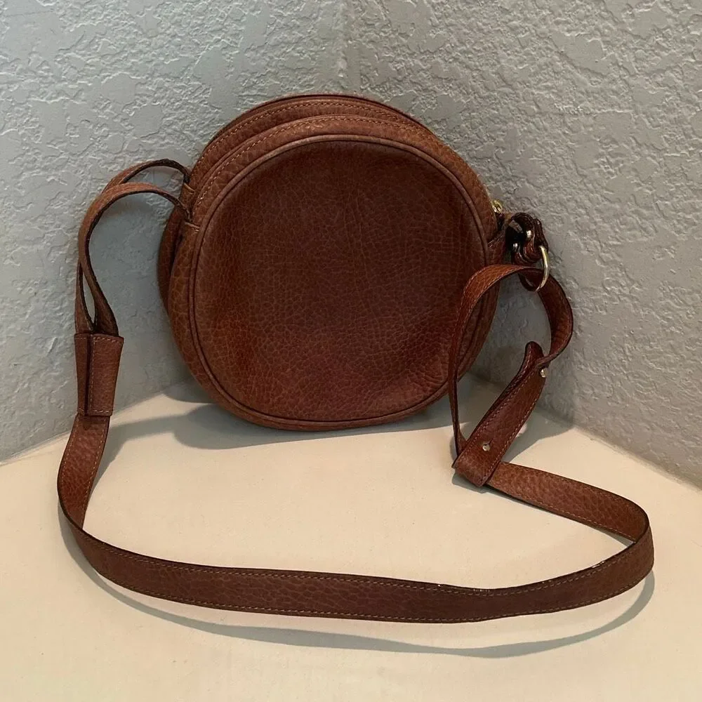 Bally Pebbled Leather Double Circle Crossbody Bag Cognac Brown Quiet Luxury